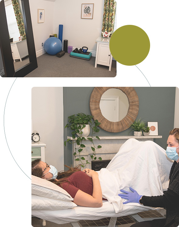 Physiotherapist talking to a patient in the clinic, and a picture of the clinic space at Vitality Pelvic Physio